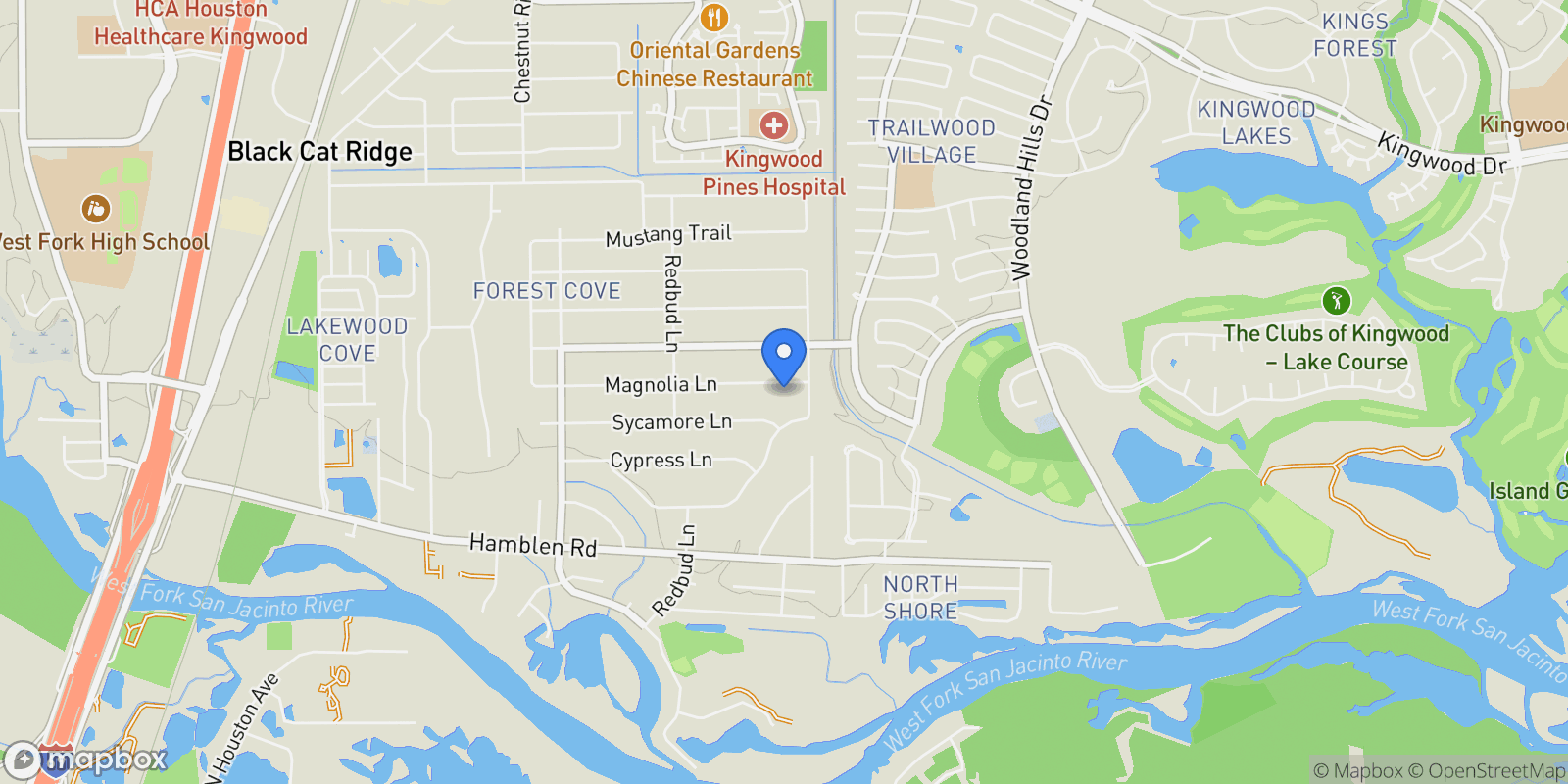 Map showing 1710 Magnolia Lane, Kingwood, TX 77339, Houston, Texas, United States.