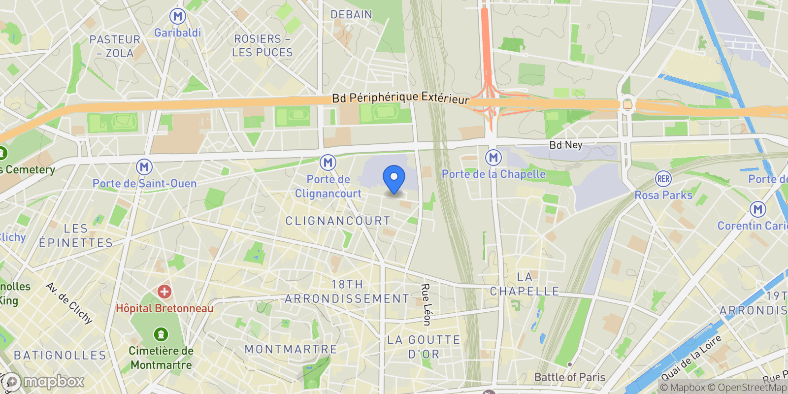 Map showing 24 Rue Championnet, Paris, Île-de-France, France.