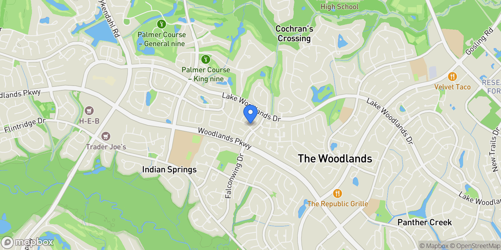 Map showing 3 E Stony Bridge Court, The Woodlands, TX 77381, The Woodlands, Texas, United States.
