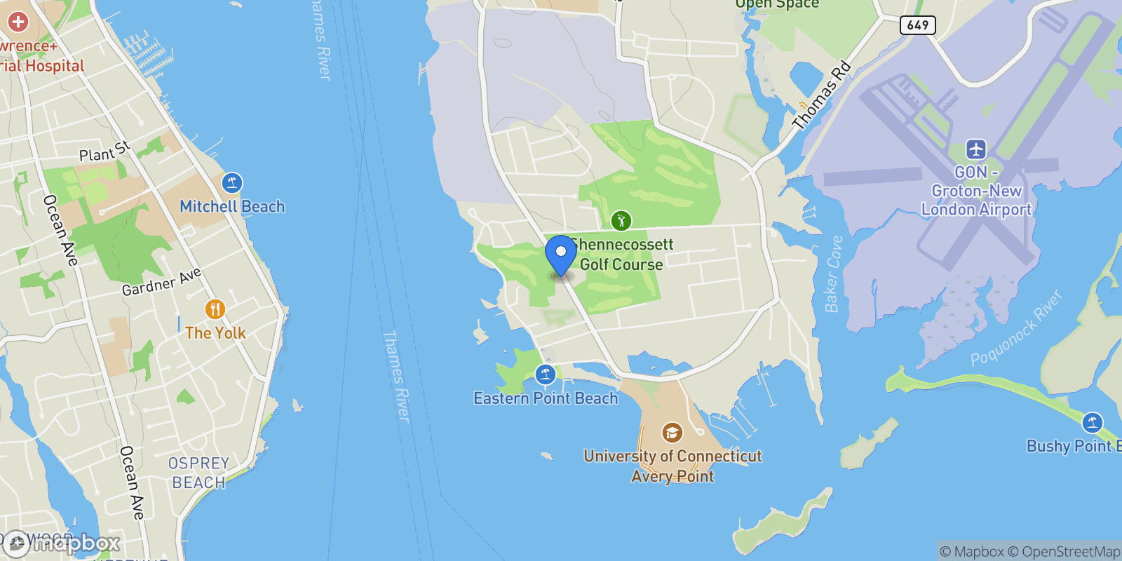 Map showing 65 Neptune Dr, Groton, Connecticut, United States.