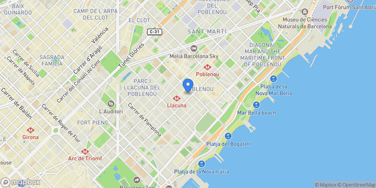 Map showing El Poblenou, Barcelona, BARCELONA, Barcelona, Sant Marti, Barcelona, Spain.
