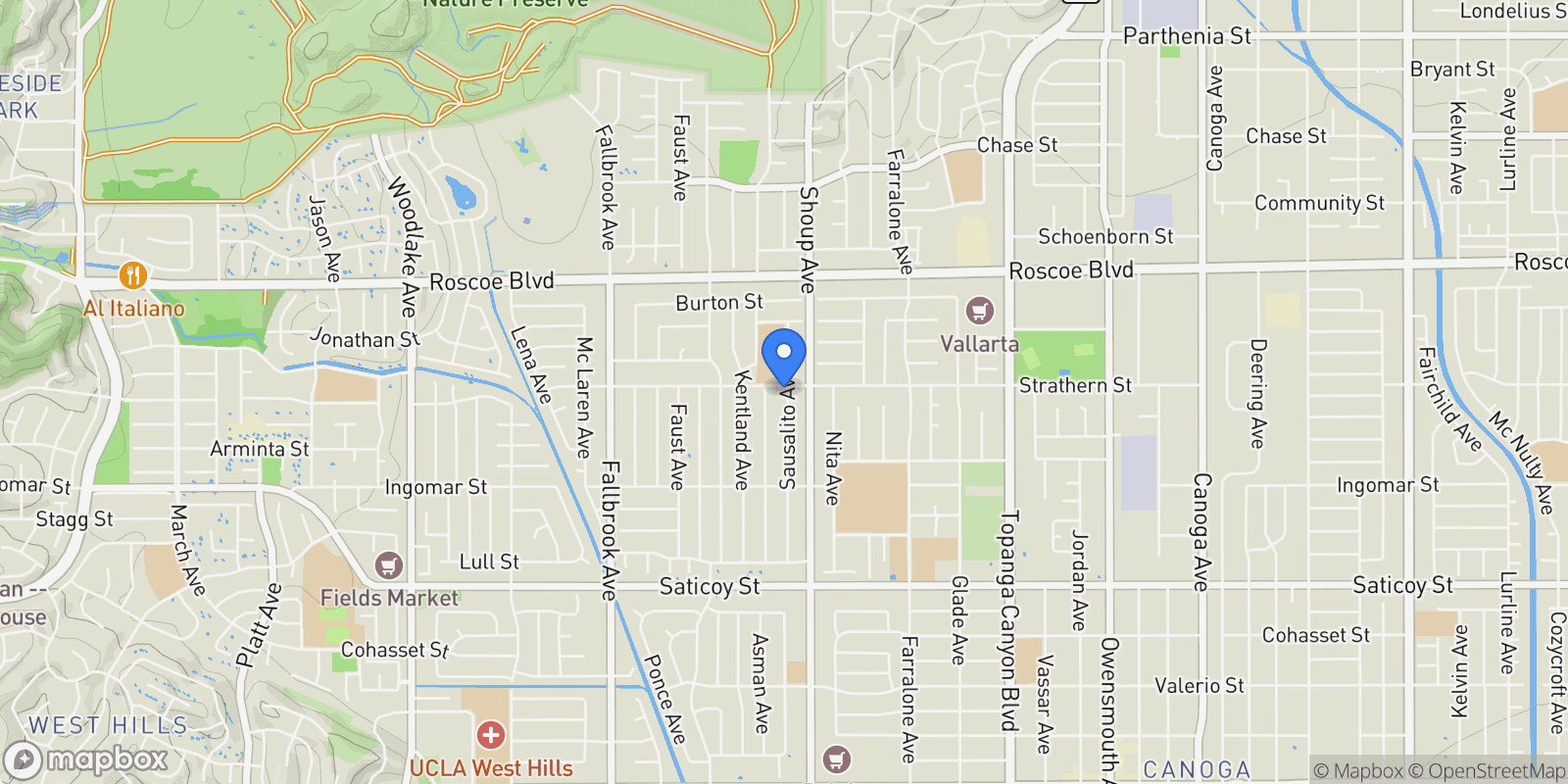 Map showing 7957 Sausalito Avenue, 91304, California, United States.