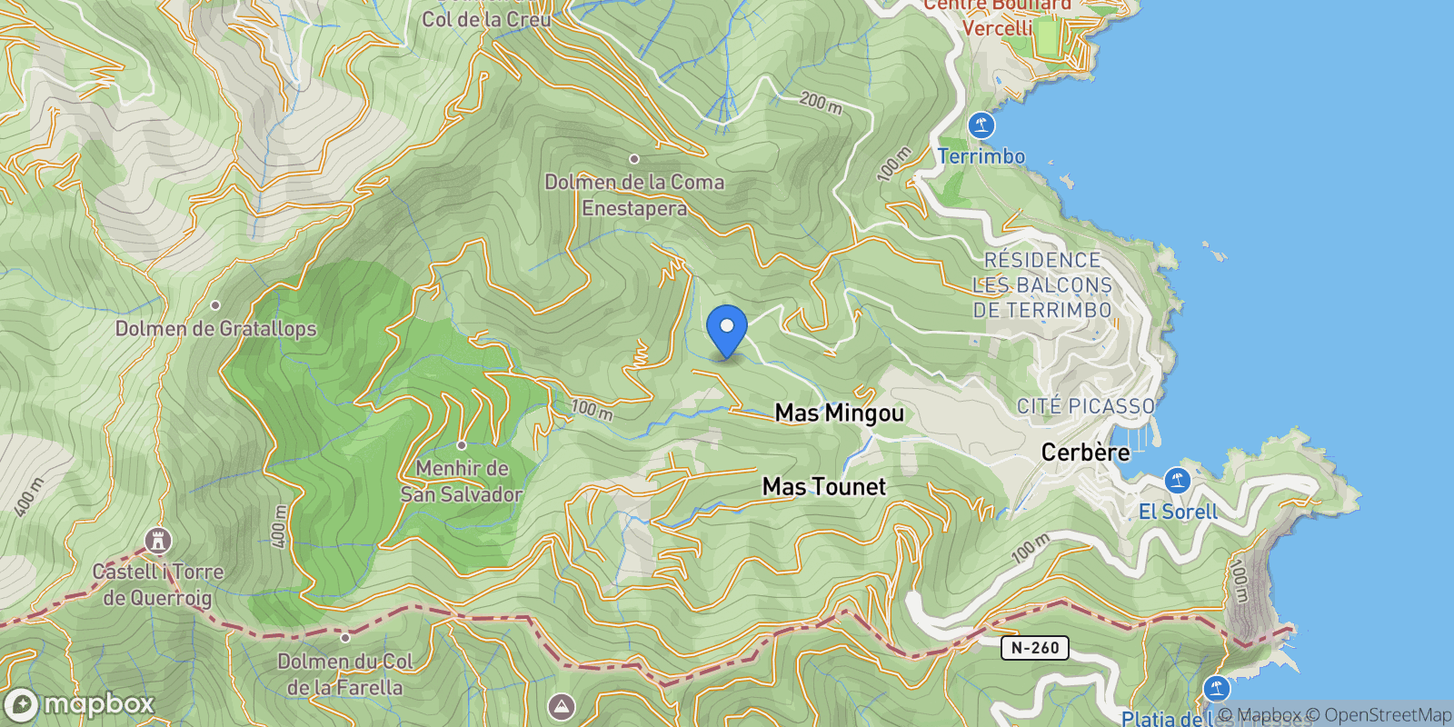 Map showing Cerbère, Occitanie, France.
