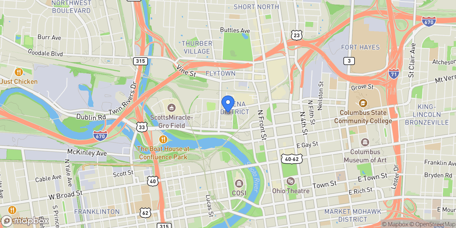 Map showing 250 Daniel Burnham Square, Columbus, OH 43215, Columbus, Ohio, United States.