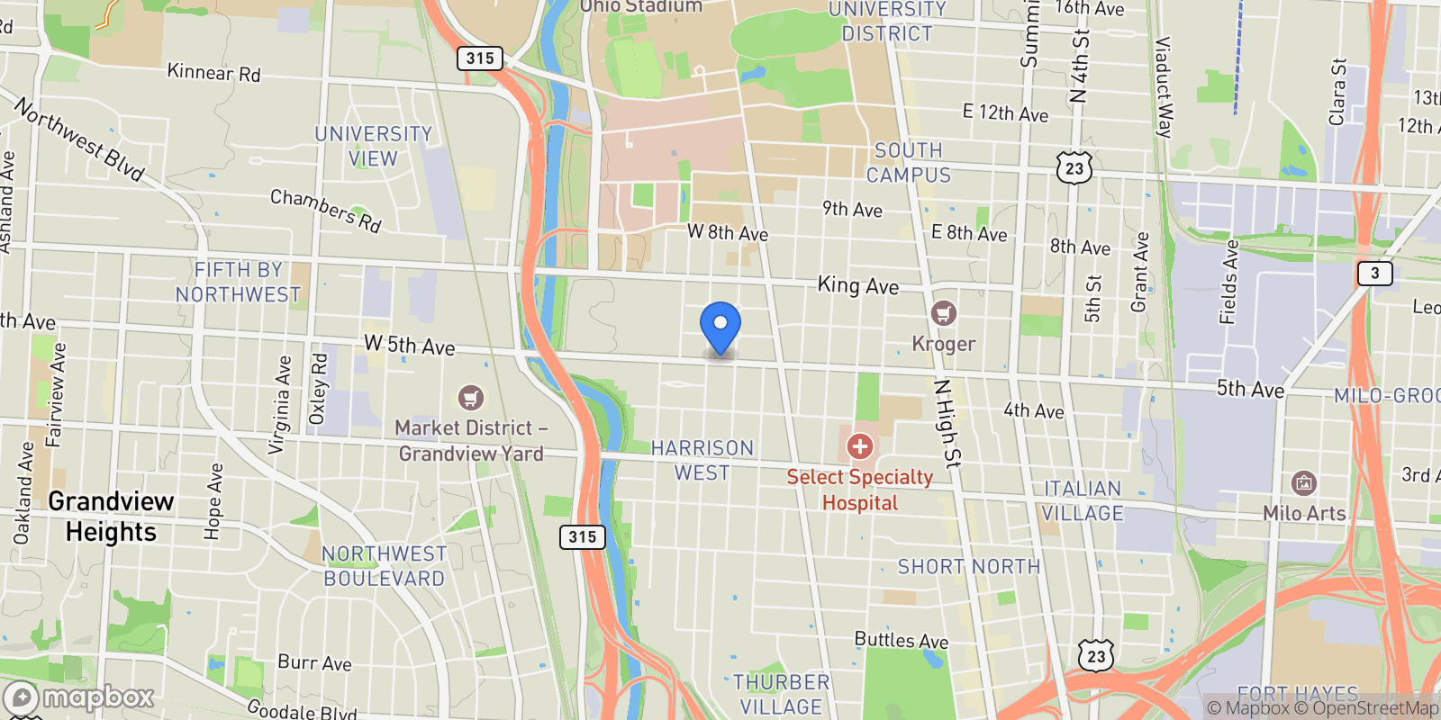 Map showing 398 W 5th Avenue, Columbus, OH 43201, Columbus, Ohio, United States.