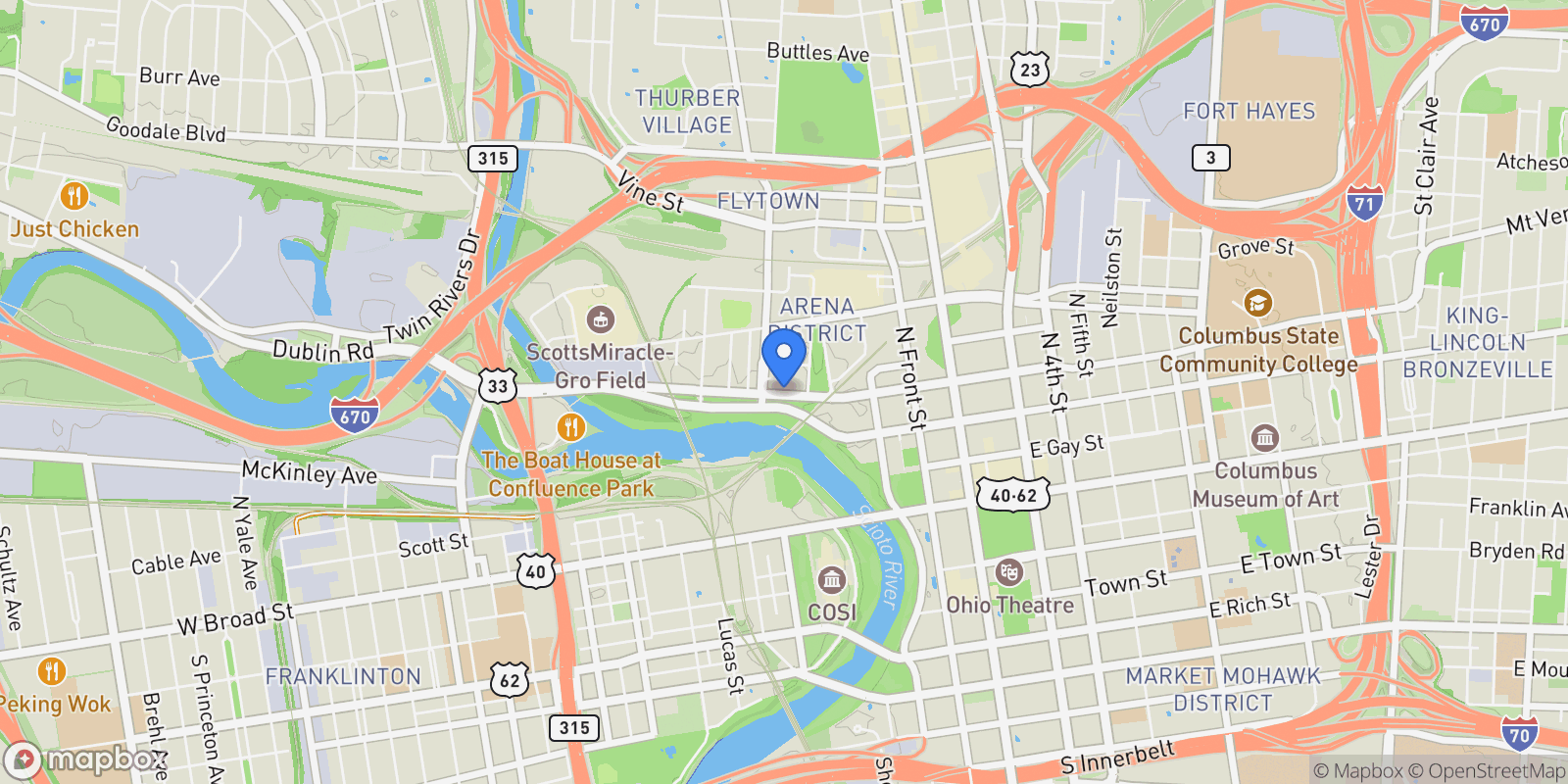 Map showing 250 W Spring Street, Columbus, OH 43215, Columbus, Ohio, United States.