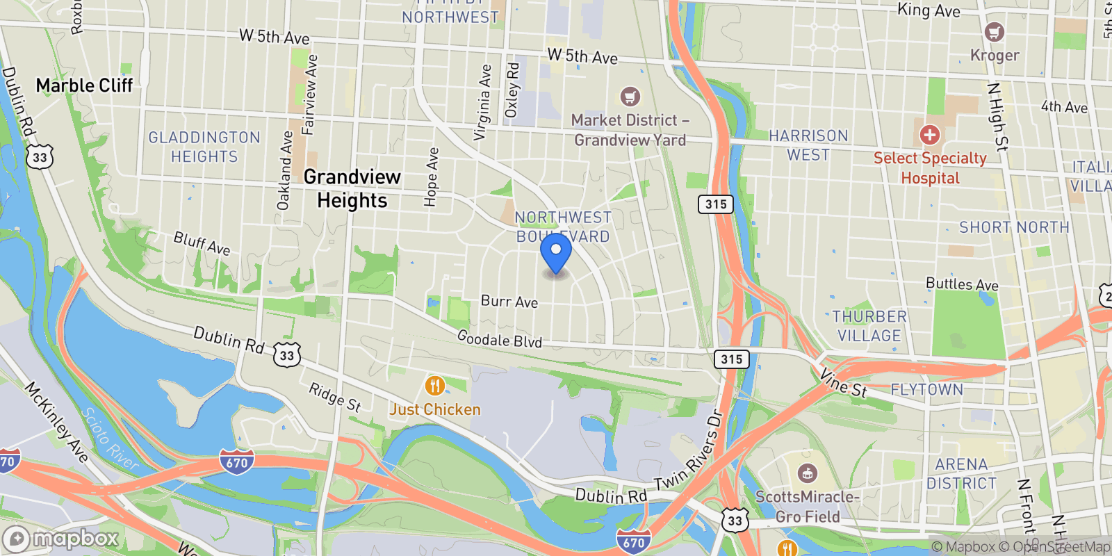 Map showing 910 Copeland Road, Columbus, OH 43212, Columbus, Ohio, United States.