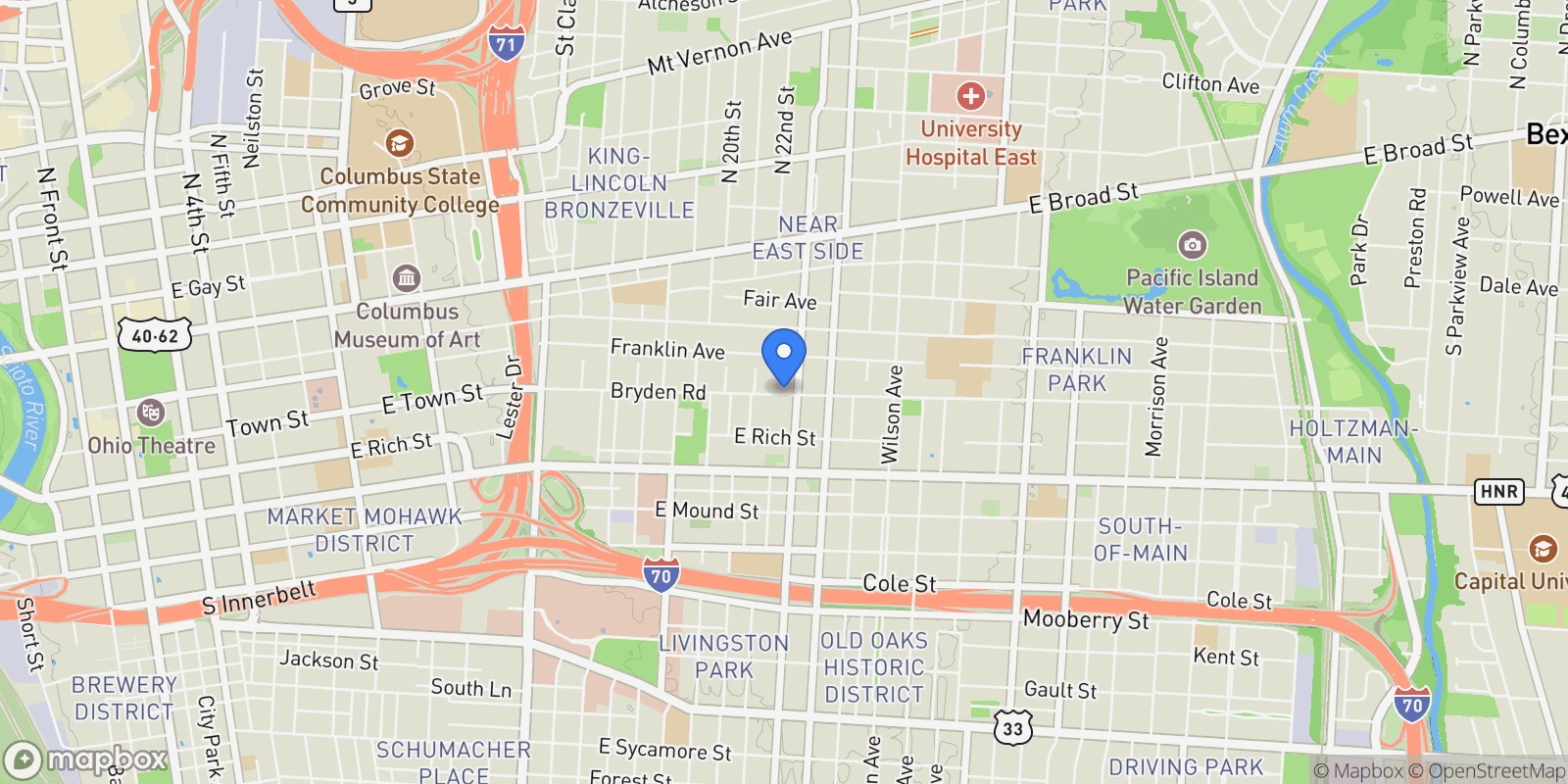 Map showing 1084 Bryden Road, Columbus, OH 43205, Columbus, Ohio, United States.