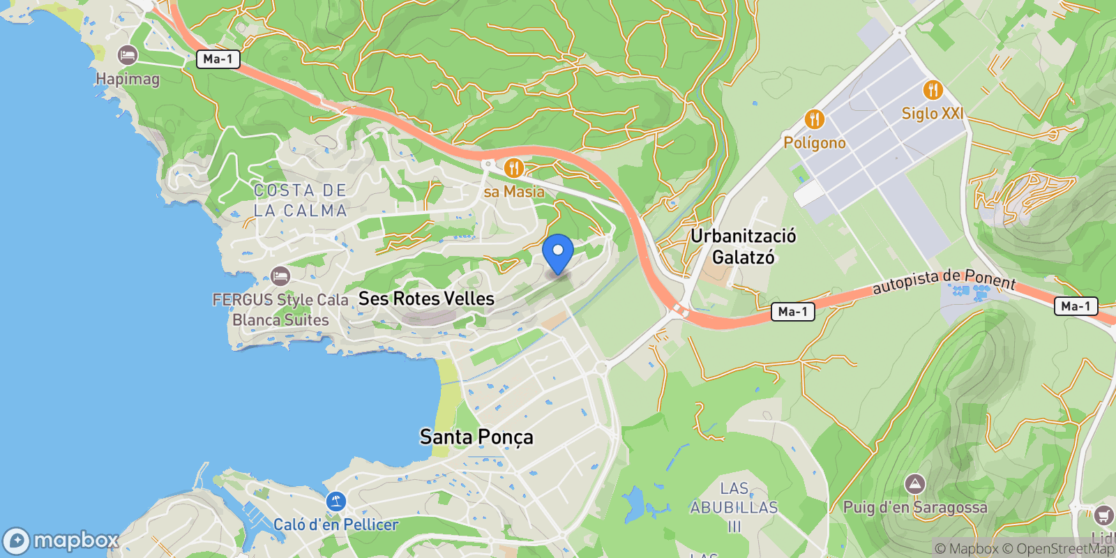 Map showing SANTA PONSA, CALVIA, Baleares, CALVIA, Rotes Velles, Calvia, Balearic Islands.