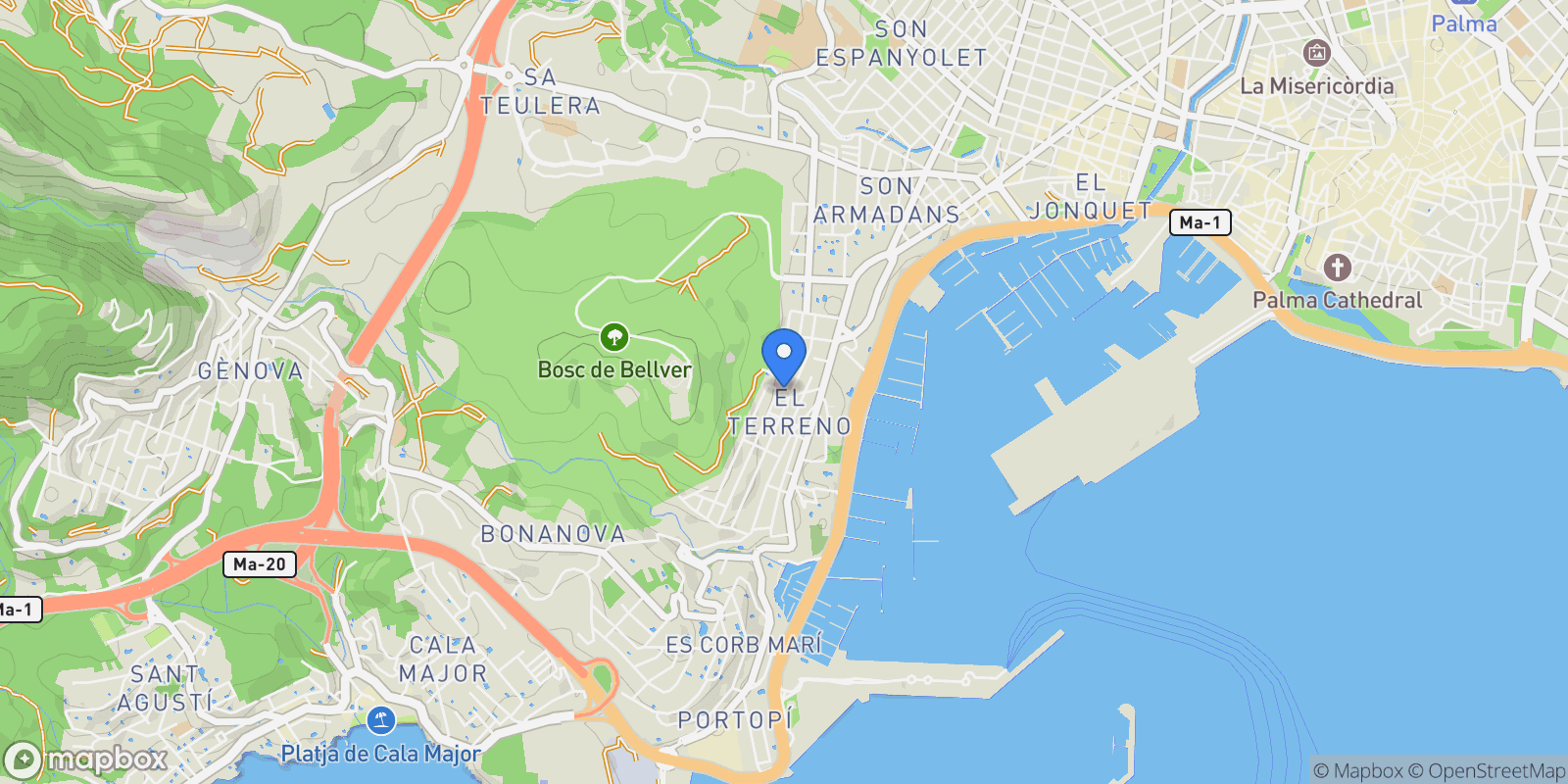 Map showing EL TERRENO, PALMA DE MALLORCA, Baleares, PALMA DE MALLORCA, Palma, Balearic Islands, Spain.