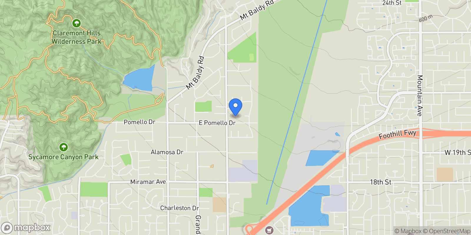 Map showing 1047 Pomello Dr, Claremont, California, United States.