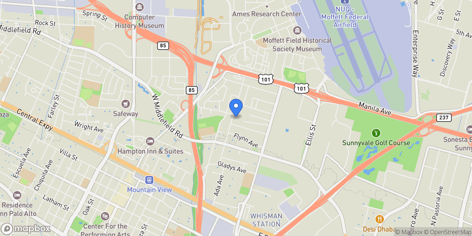 Map showing 91 Tyrella Court, Mountain View, California, United States.