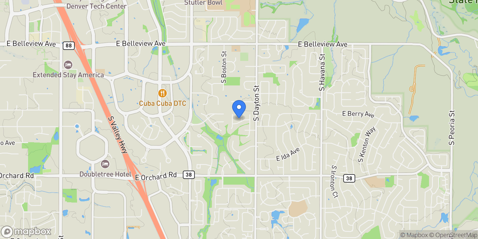 Map showing 5441 S Clinton Court, Cherry Hills Village, Colorado, United States.