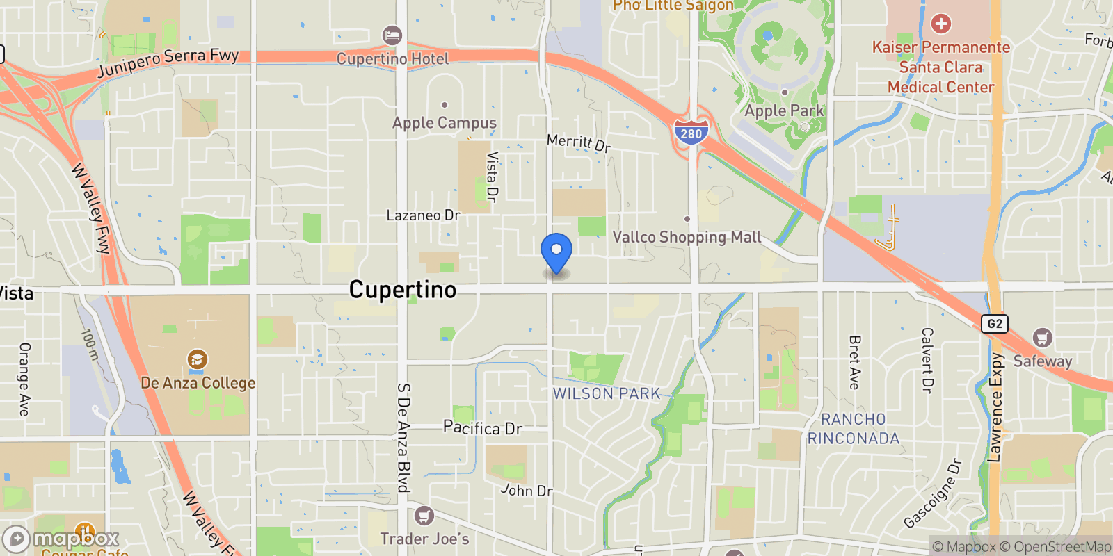 Map showing 19999 Stevens Creek Boulevard, Cupertino, California, United States.