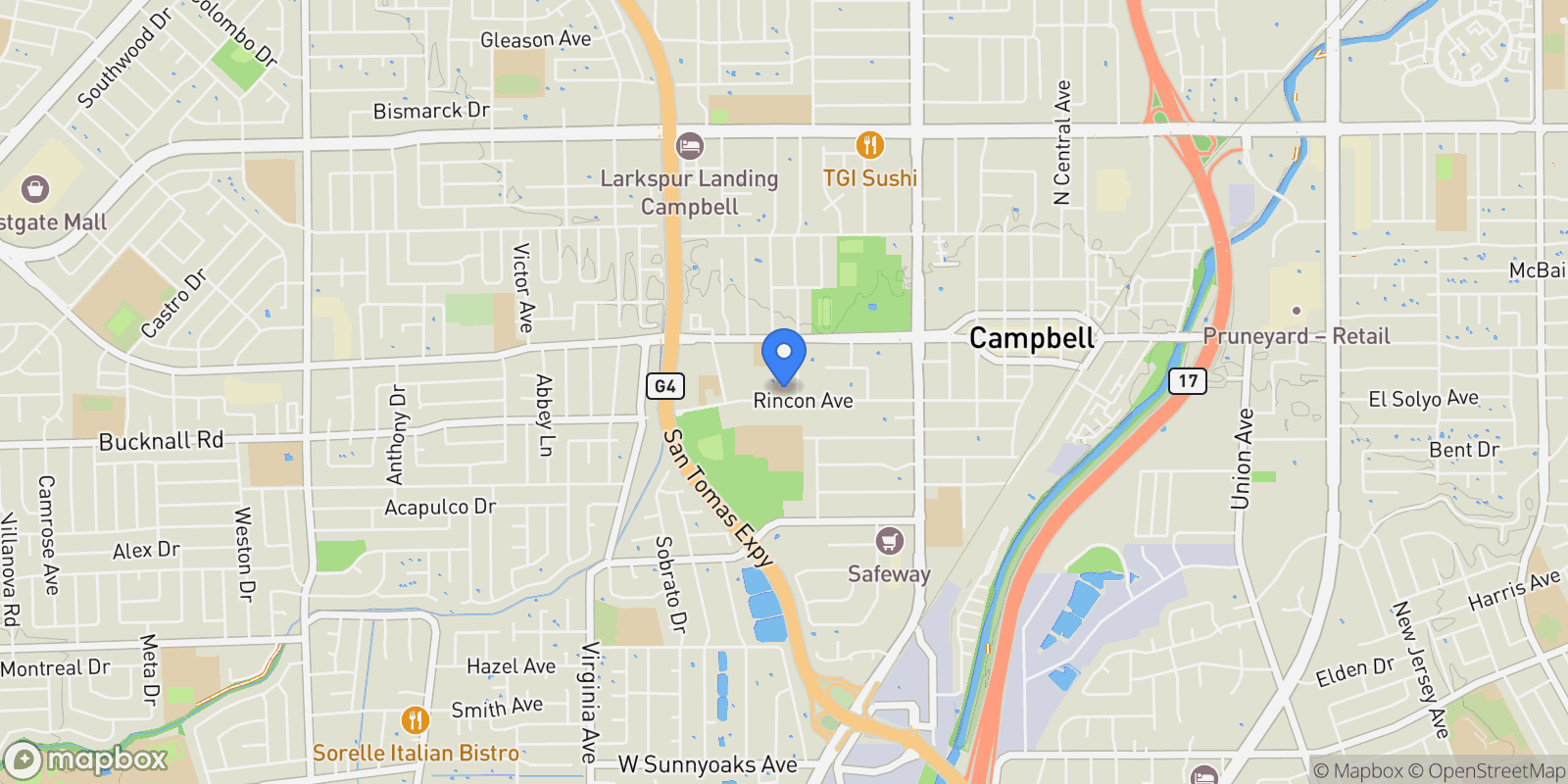 Map showing 333 W Rincon Avenue, Campbell, California, United States.
