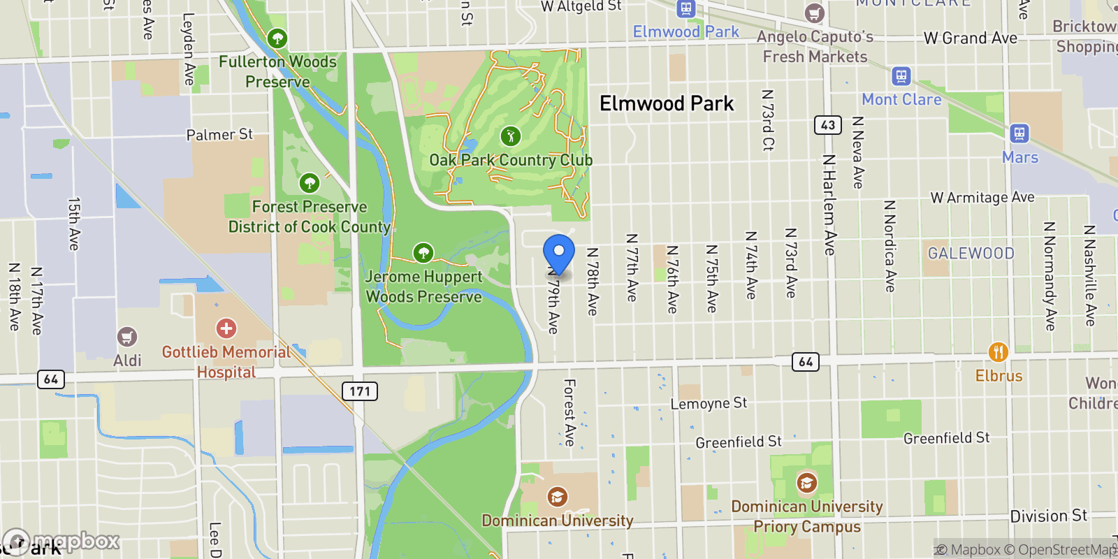 Map showing 1807 N 79th Avenue, Elmwood Park, Illinois, United States.