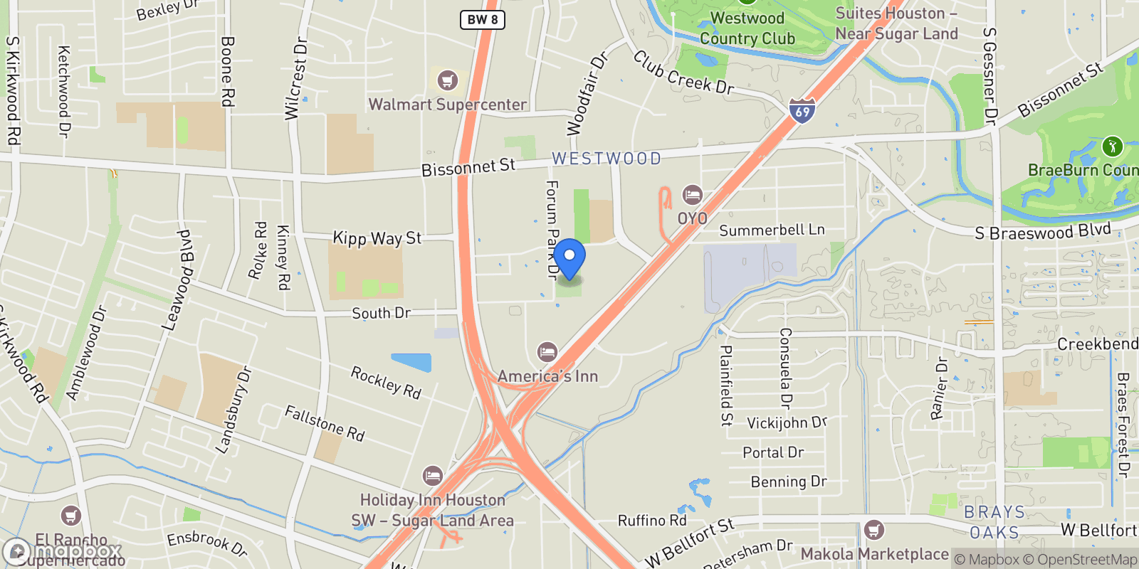 Map showing 10403 Forum Park Drive, Houston, TX 77036, Houston, Texas, United States.