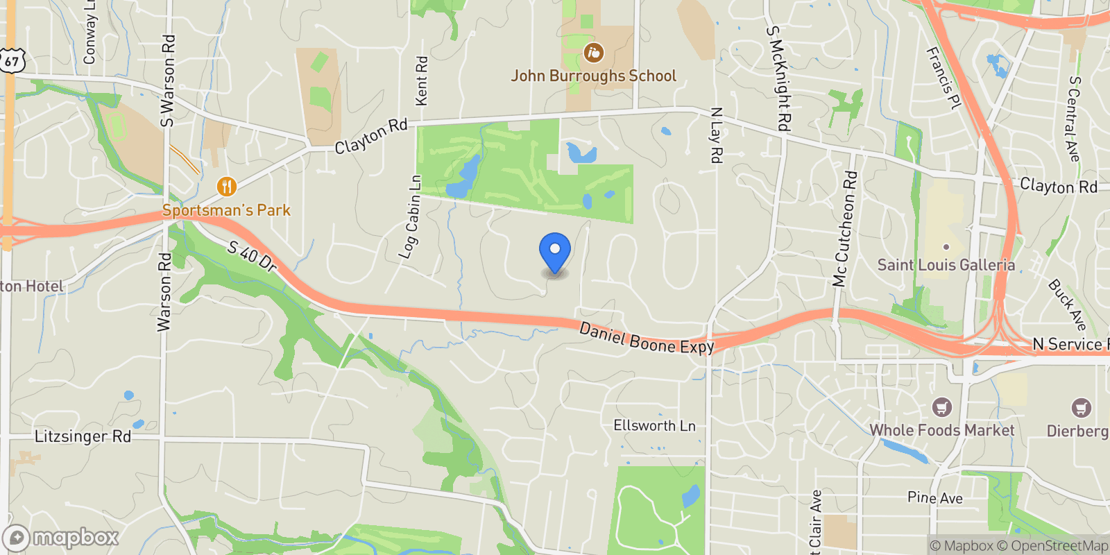 Map showing 73 Overhills Drive , Ladue, MO 63124, Ladue, Missouri, United States.