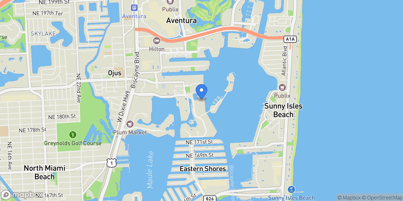 Map showing 7000 Island Blvd 1402, Golden Beach, Florida, United States.