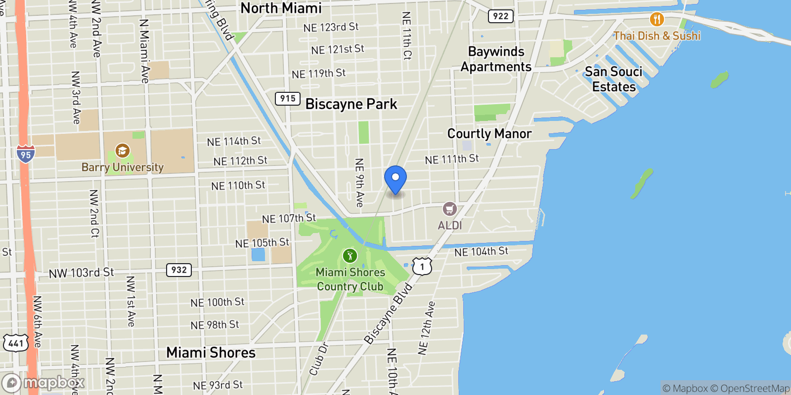 Map showing 10845 Peachtree Dr, Miami, Florida, United States.
