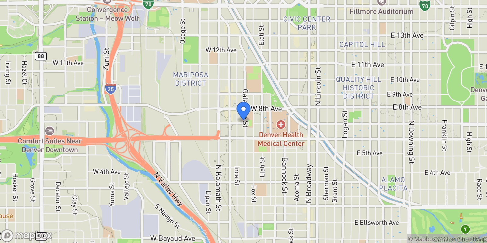 Map showing 701 Galapago Street, Denver, Colorado, United States.