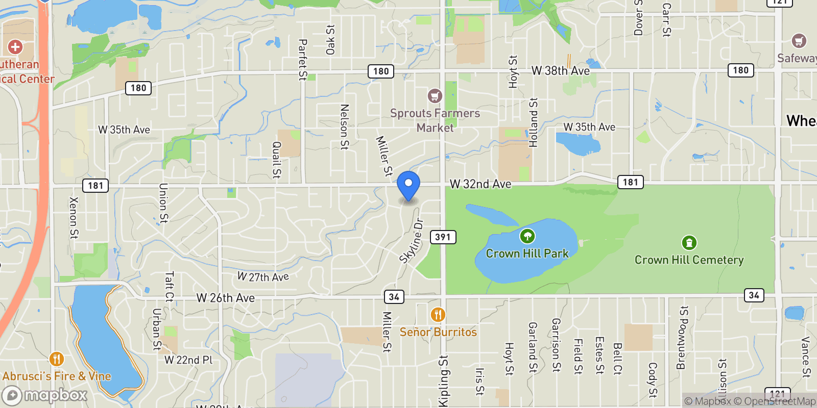 Map showing 52 Hillside Drive, Lakewood, Colorado, United States.