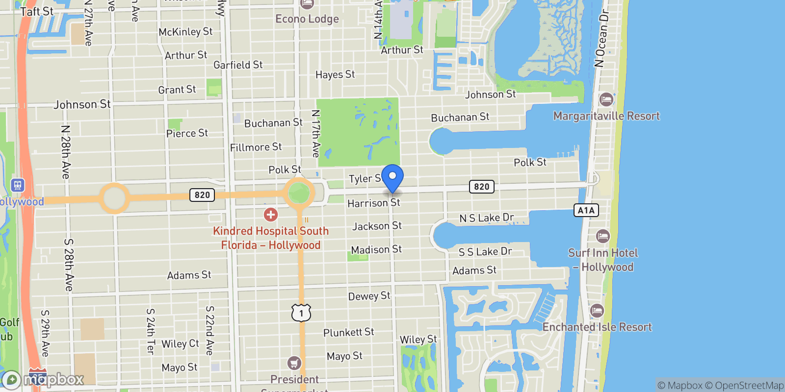 Map showing 1380 Hollywood Blvd, Hollywood, Florida, United States.