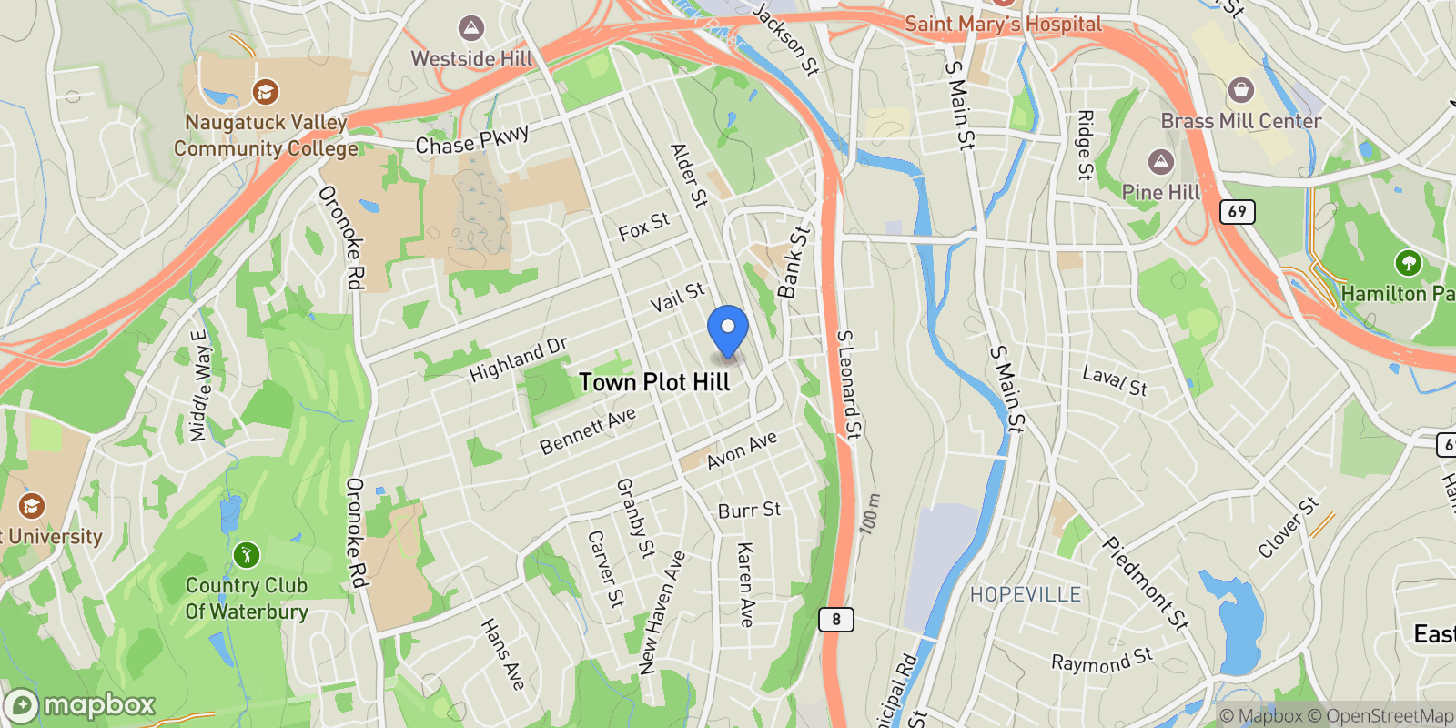 Map showing 16 Clairmont Avenue, Waterbury, Connecticut, United States.