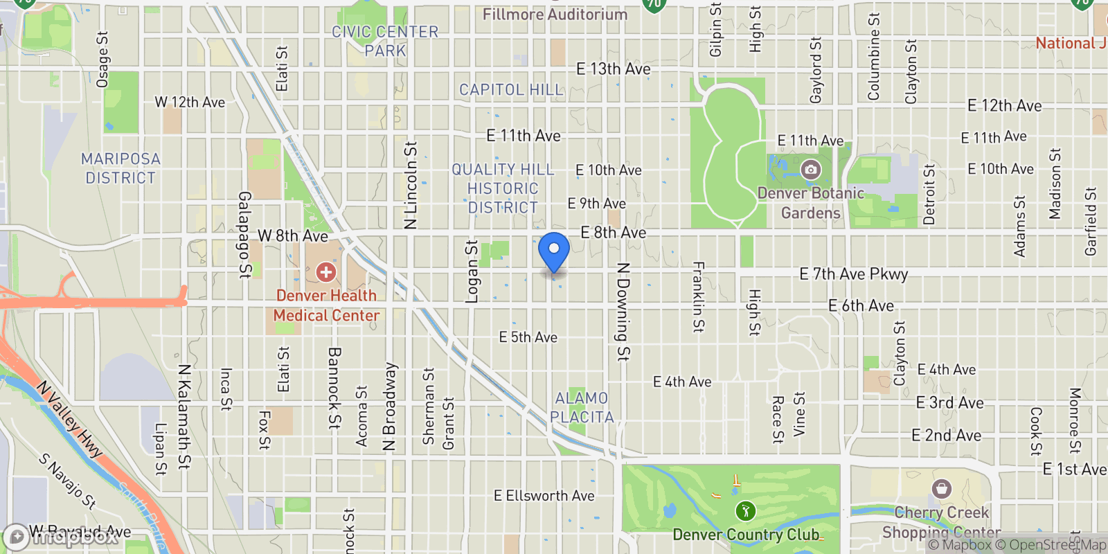 Map showing 680 N Clarkson St, Denver, Colorado, United States.