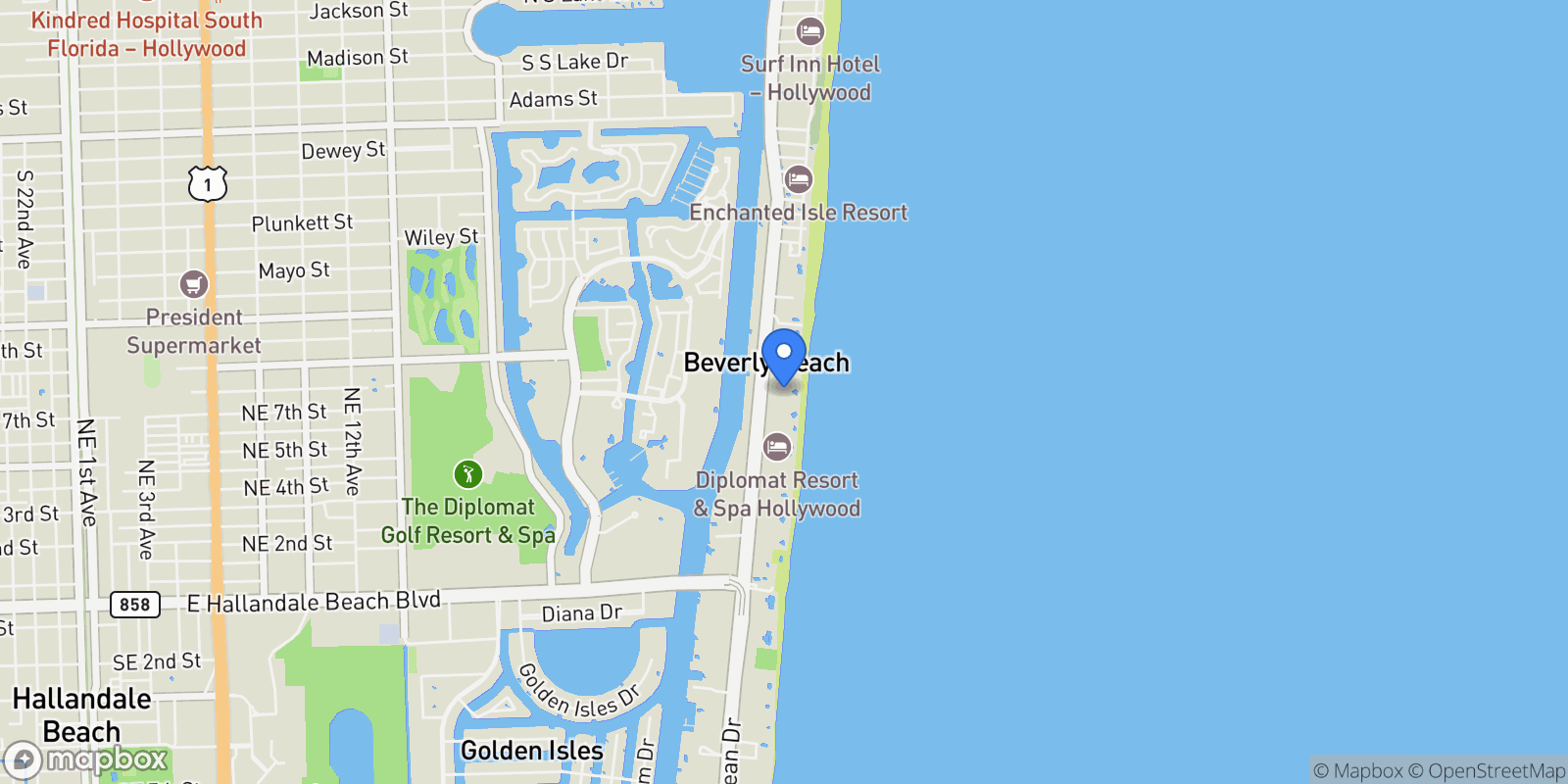Map showing 3101 S Ocean Dr 801, Hollywood, Florida, United States.