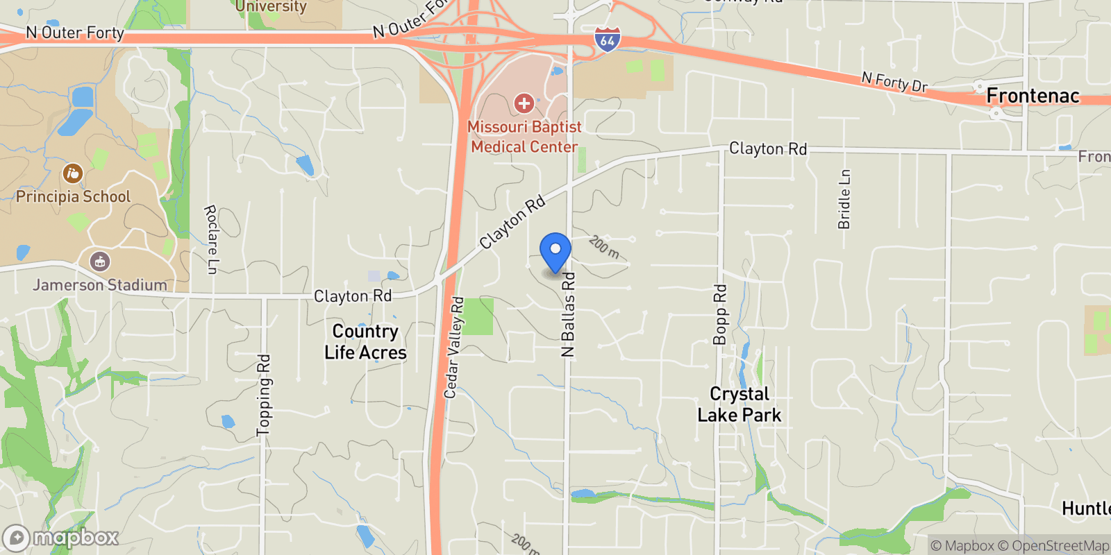 Map showing 2409 North Ballas Road , St. Louis, MO 63131, Town and Country, Missouri, United States.