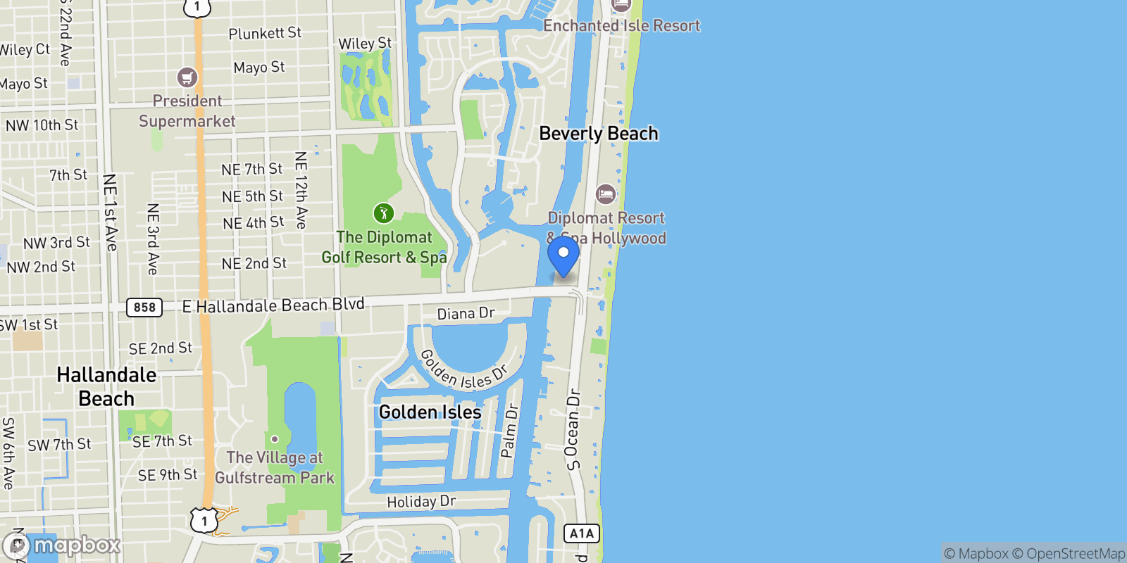 Map showing 4010 S Ocean Dr R408, Hollywood, Florida, United States.