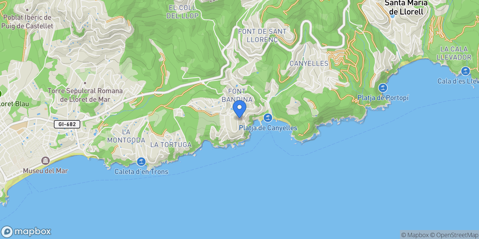 Map showing Cala Canyelles, Lloret de Mar, GIRONA, Lloret de Mar, Lloret de Mar, Catalonia, Spain.