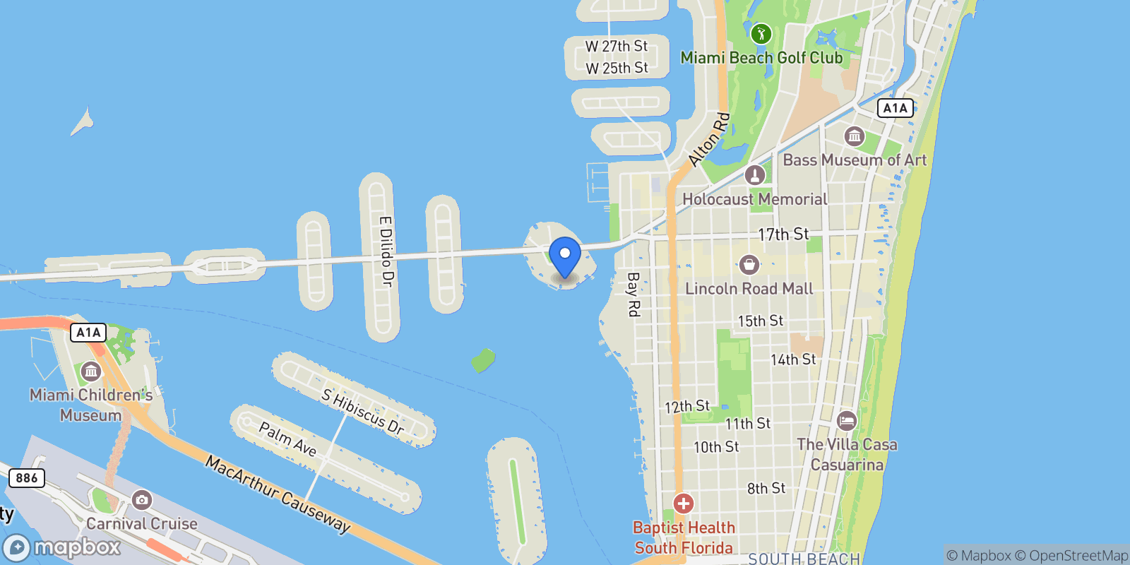 Map showing 11 Island Ave PH6, Miami Beach, Florida, United States.