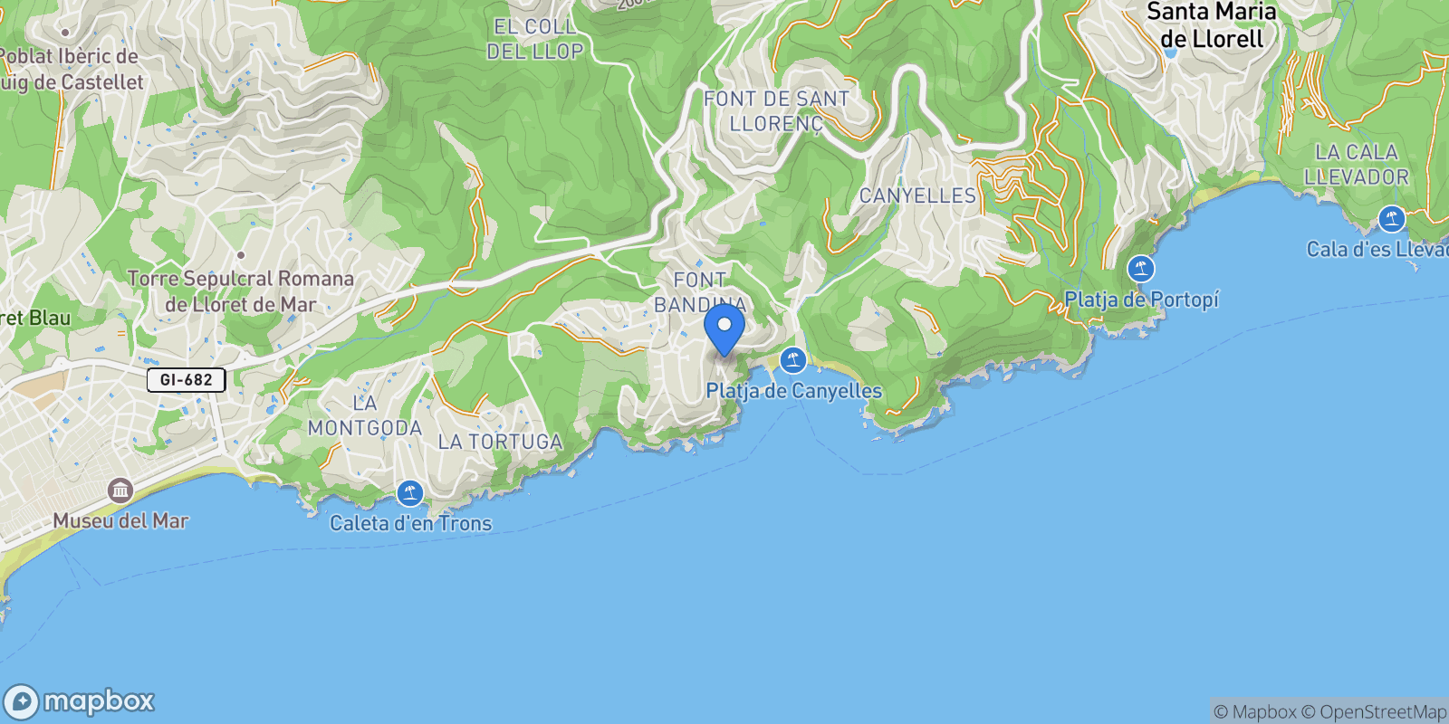 Map showing Cala Canyelles, Lloret de Mar, GIRONA, Lloret de Mar, Lloret de Mar, Catalonia, Spain.