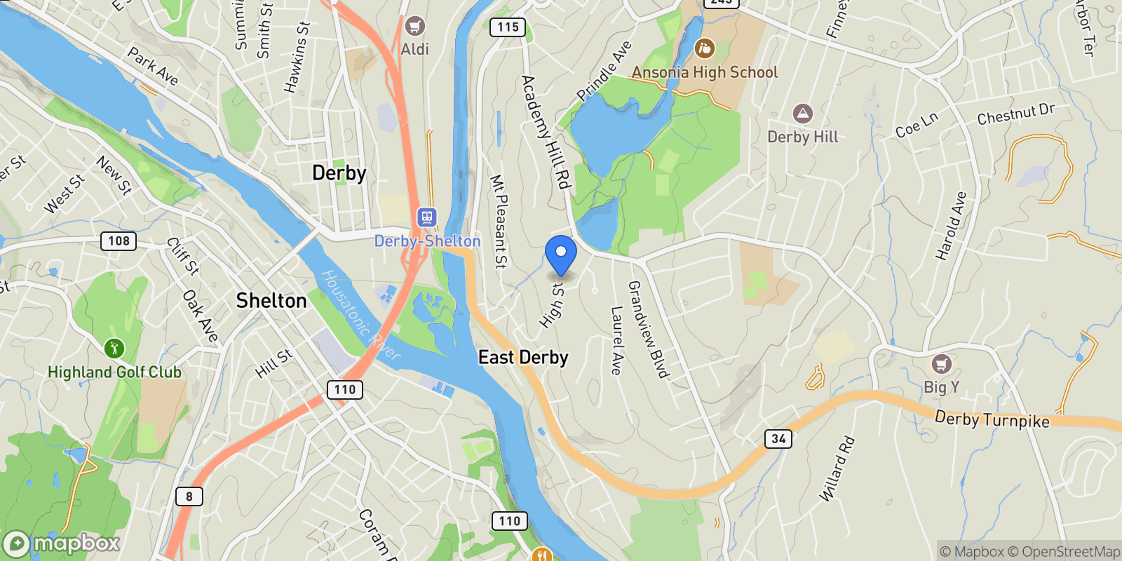 Map showing 111 High Street, Derby, Connecticut, United States.