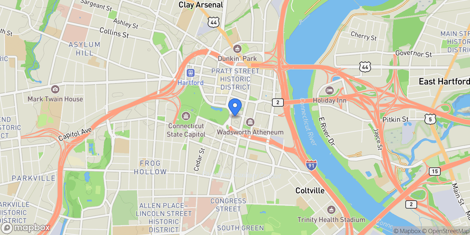 Map showing 1 Gold Street #Apt 14ABC, Hartford, Connecticut, United States.