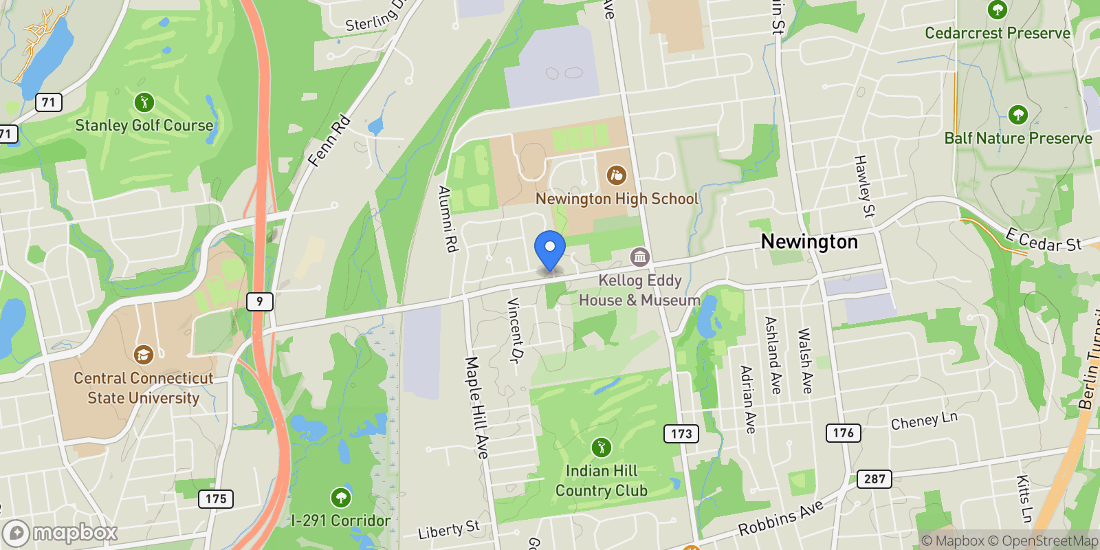 Map showing 9 Old Farm Drive, Newington, Connecticut, United States.