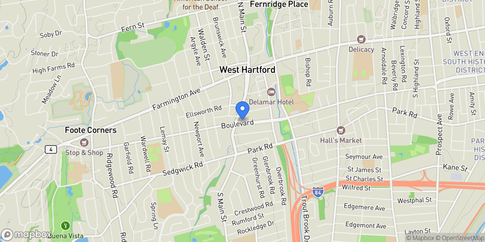 Map showing 1640 Boulevard, West Hartford, Connecticut, United States.