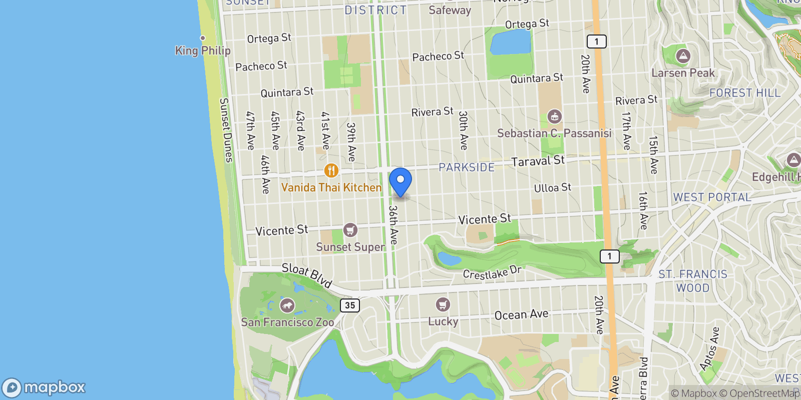 Map showing 3419 Ulloa Street, San Francisco, California, United States.