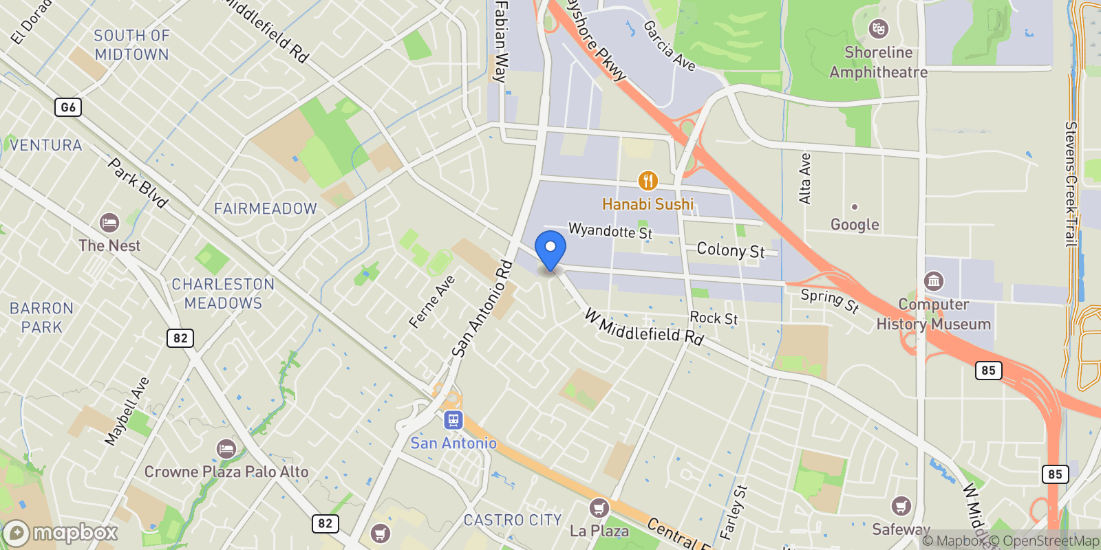 Map showing 2574 Alvin St, Mountain View, California, United States.