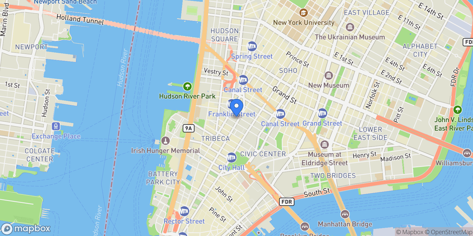 Map showing 56 LEONARD ST, New York, New York, United States.