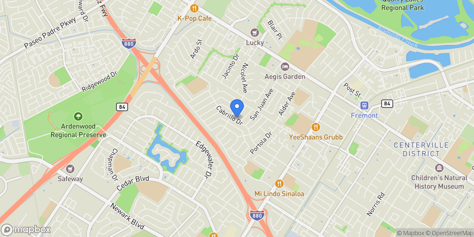 Map showing 36164 Cabrillo Dr, Newark, California, United States.