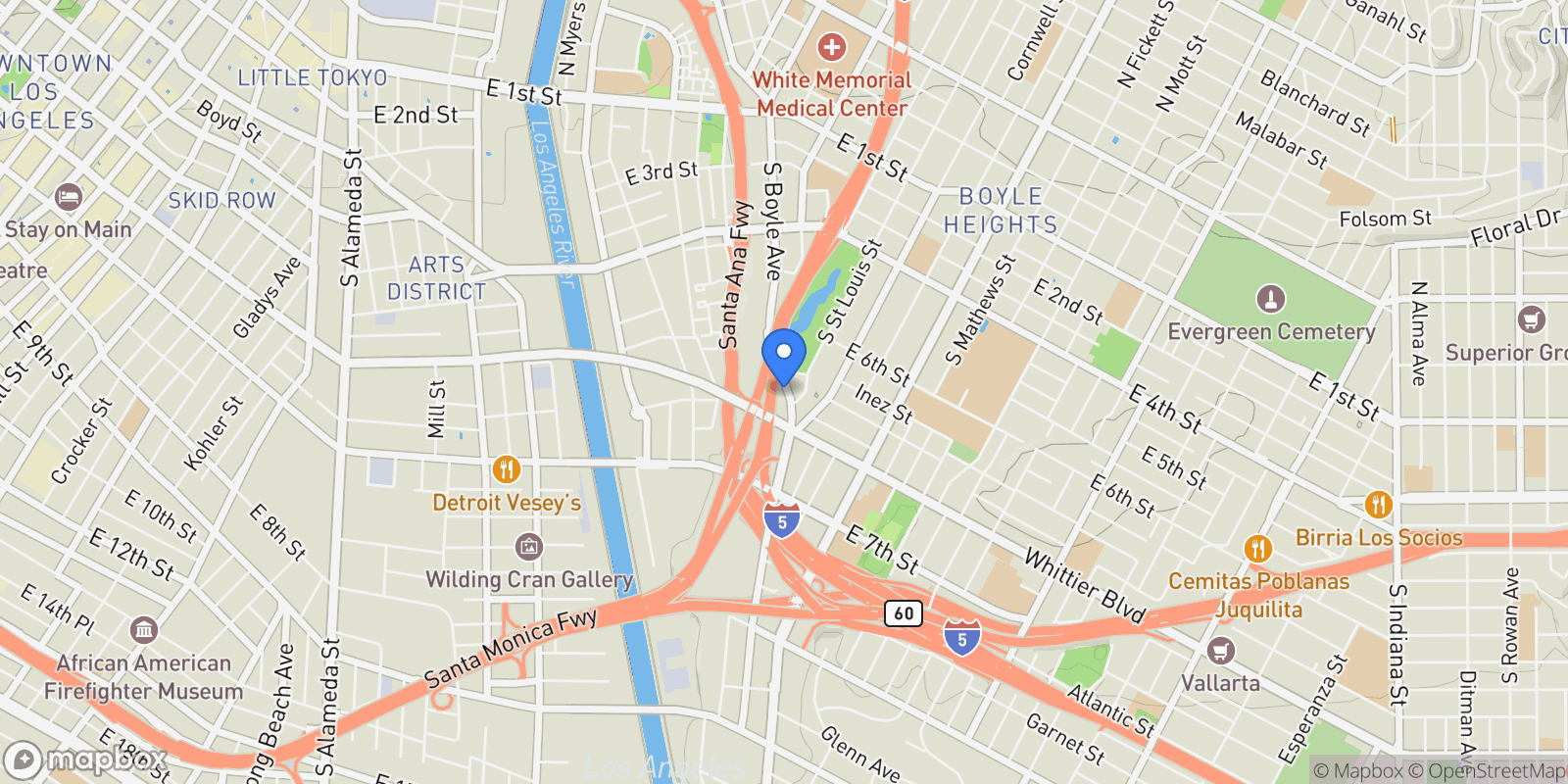 Map showing 731 S Boyle Avenue, Los Angeles, California, United States.