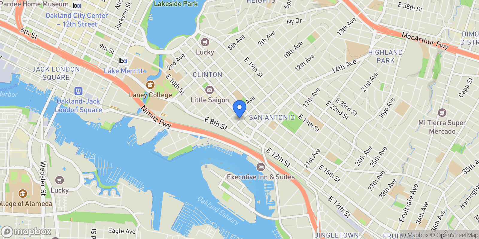 Map showing 1155 International Blvd, Oakland, California, United States.