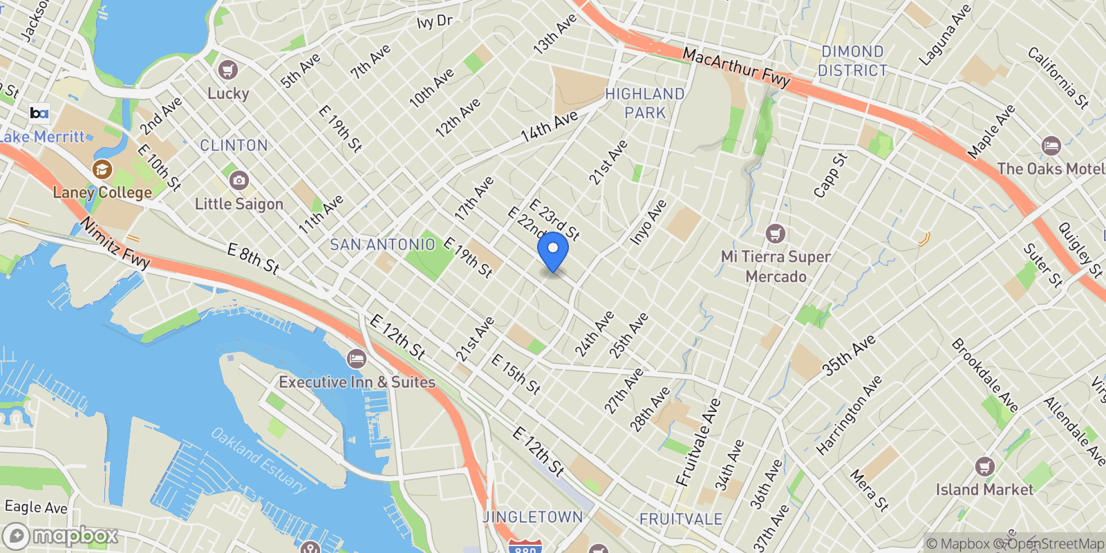Map showing 2207 E 21St St, Oakland, California, United States.
