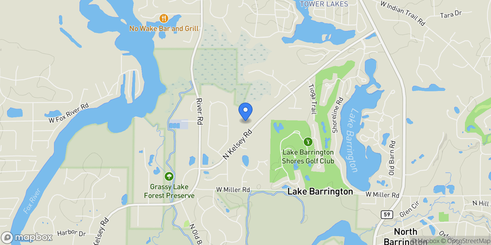Map showing 24400 N Kelsey Road, Lake Barrington, IL 60010, Barrington Hills, Illinois, United States.