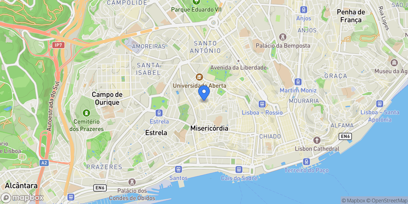 Map showing Praça das Flores (Mercês), Lisboa, Misericordia, Lisbon, Portugal.