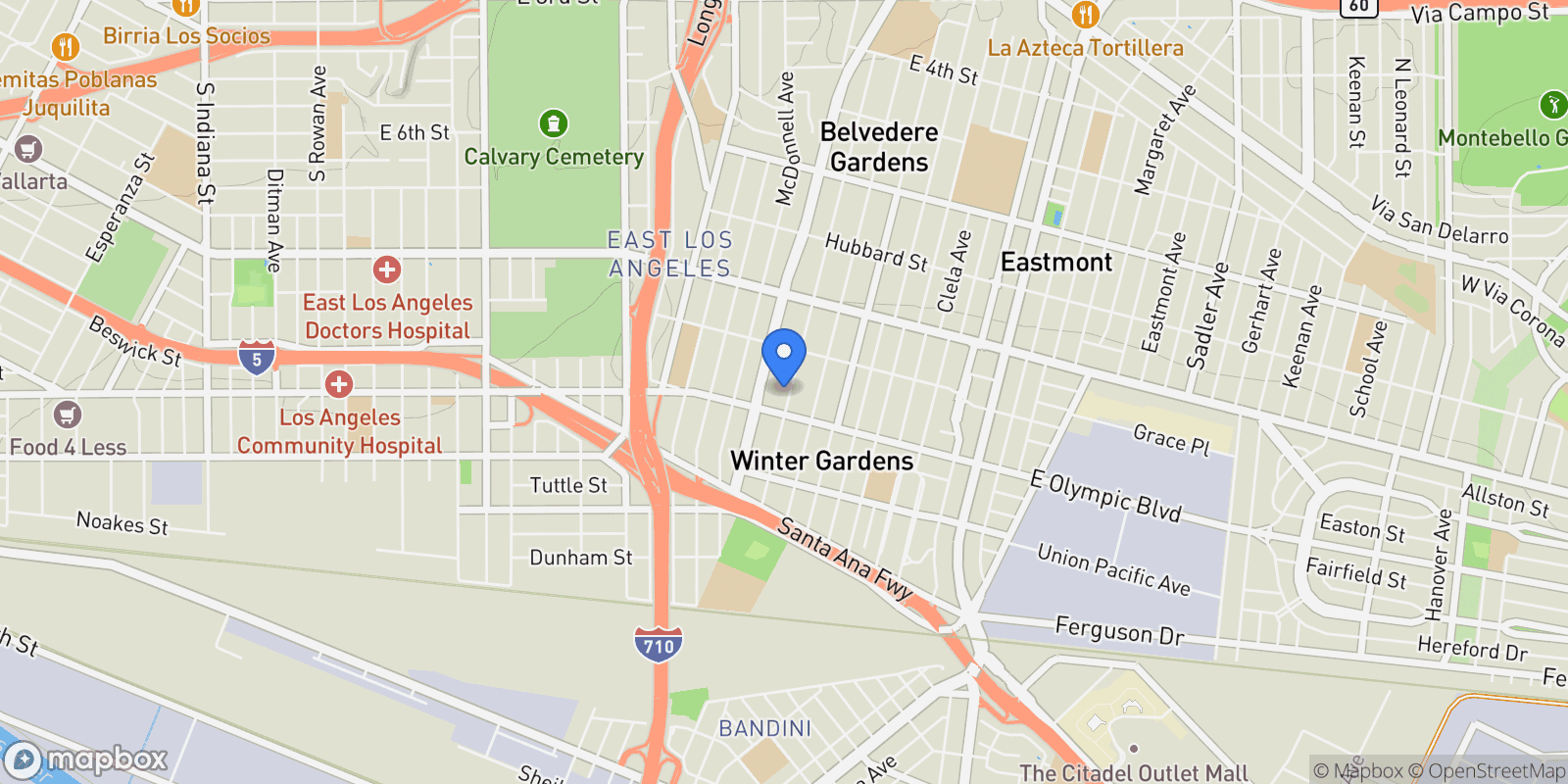 Map showing 1123 S Kern Avenue, Los Angeles, CA 90022, East Los Angeles, California, United States.