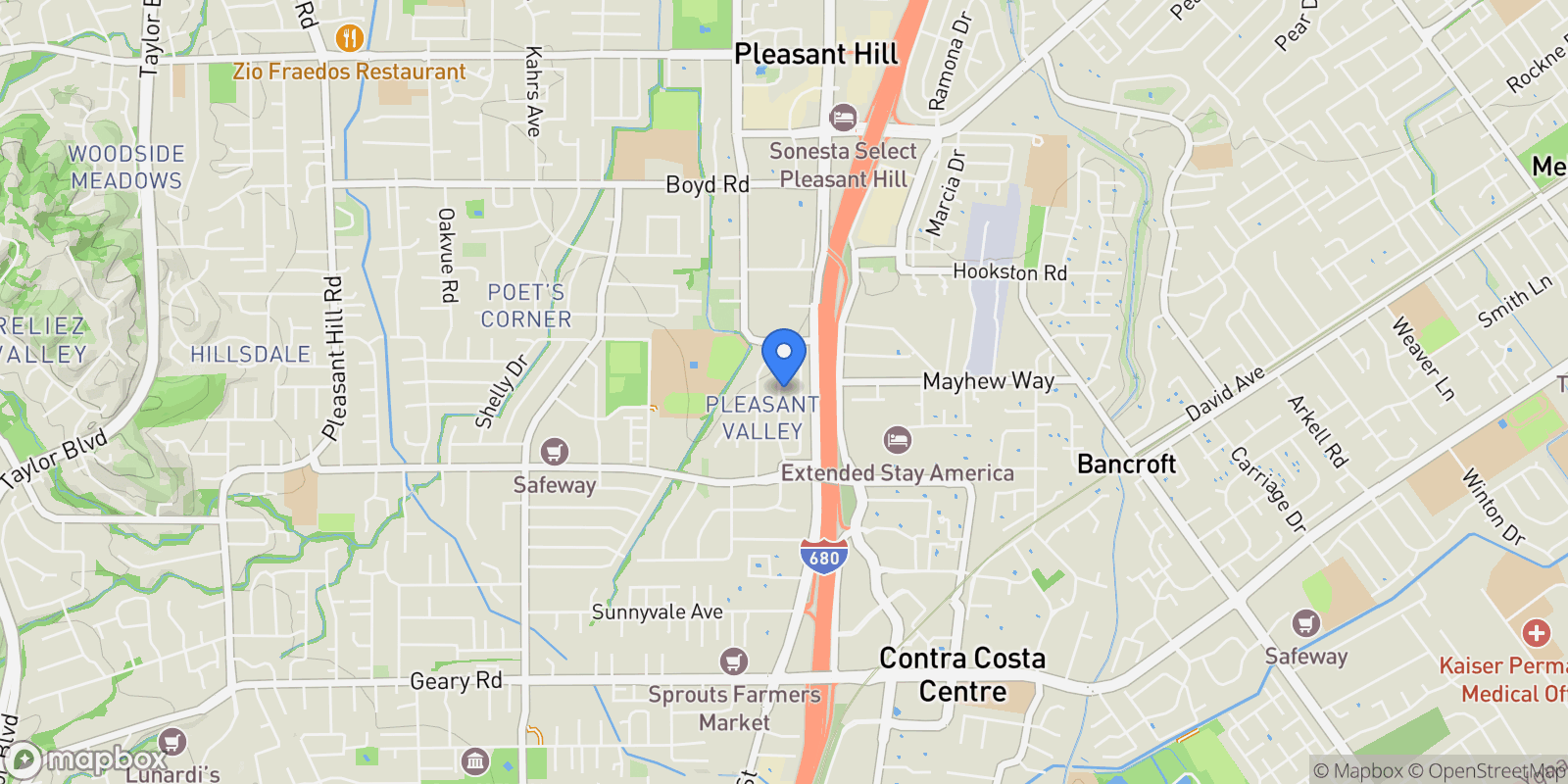 Map showing 1015 Pleasant Valley Dr, Pleasant Hill, California, United States.